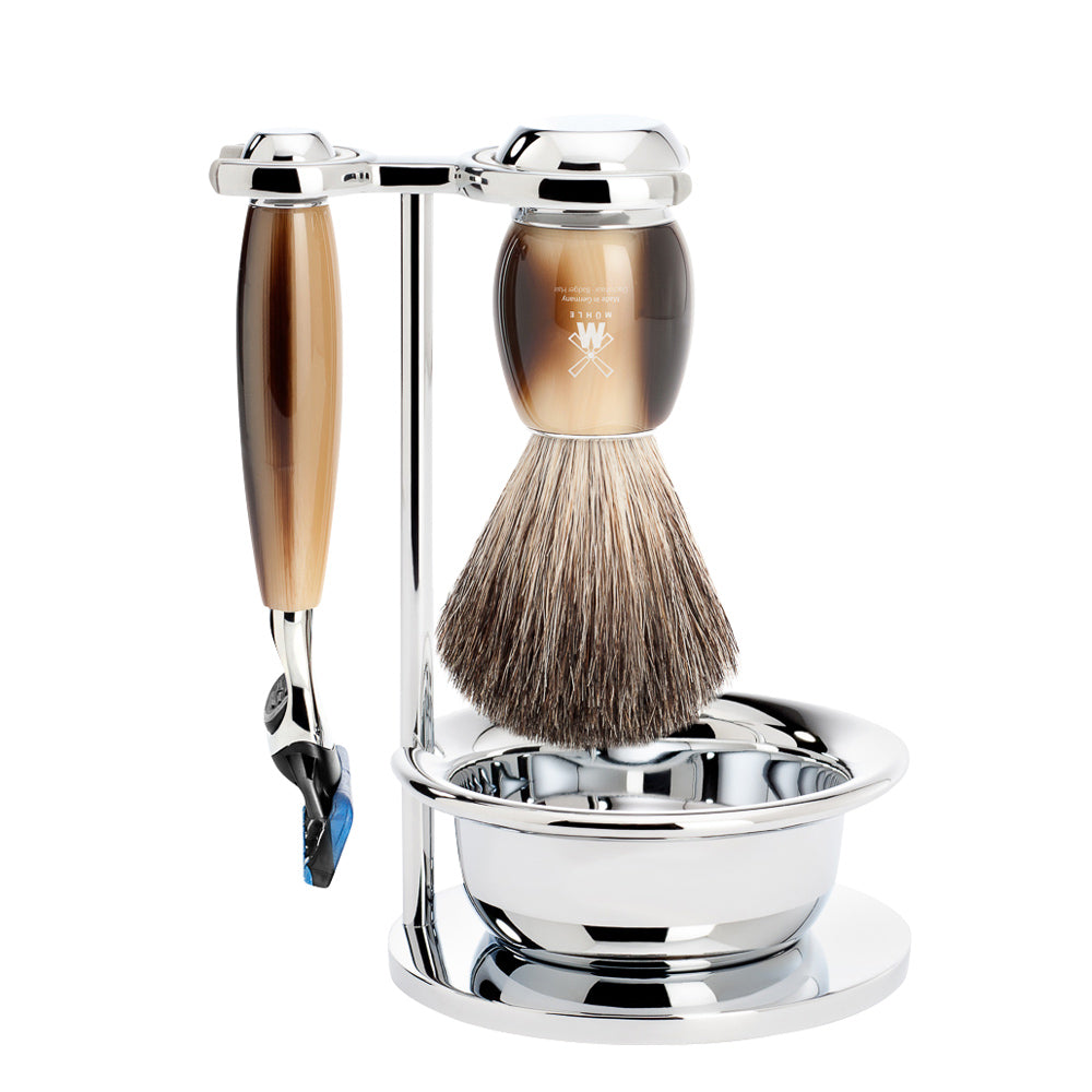 MUHLE VIVO Brown Horn Pure Badger Brush and Fusion Razor Set with Bowl