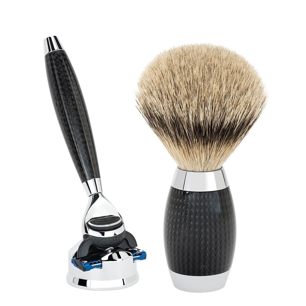 MUHLE EDITION Carbon Silvertip Badger Shaving Brush and Gillette Fusion Razor Set