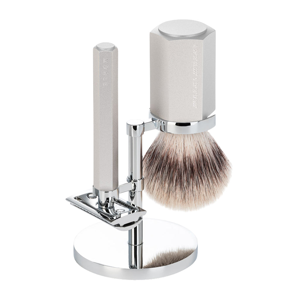 MUHLE HEXAGON Silvertip Fibre Brush and Safety Razor Shaving Set in Silver