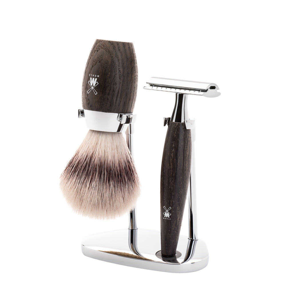 MUHLE KOSMO Bog Oak Silvertip Fibre Brush and Safety Razor Shaving Set