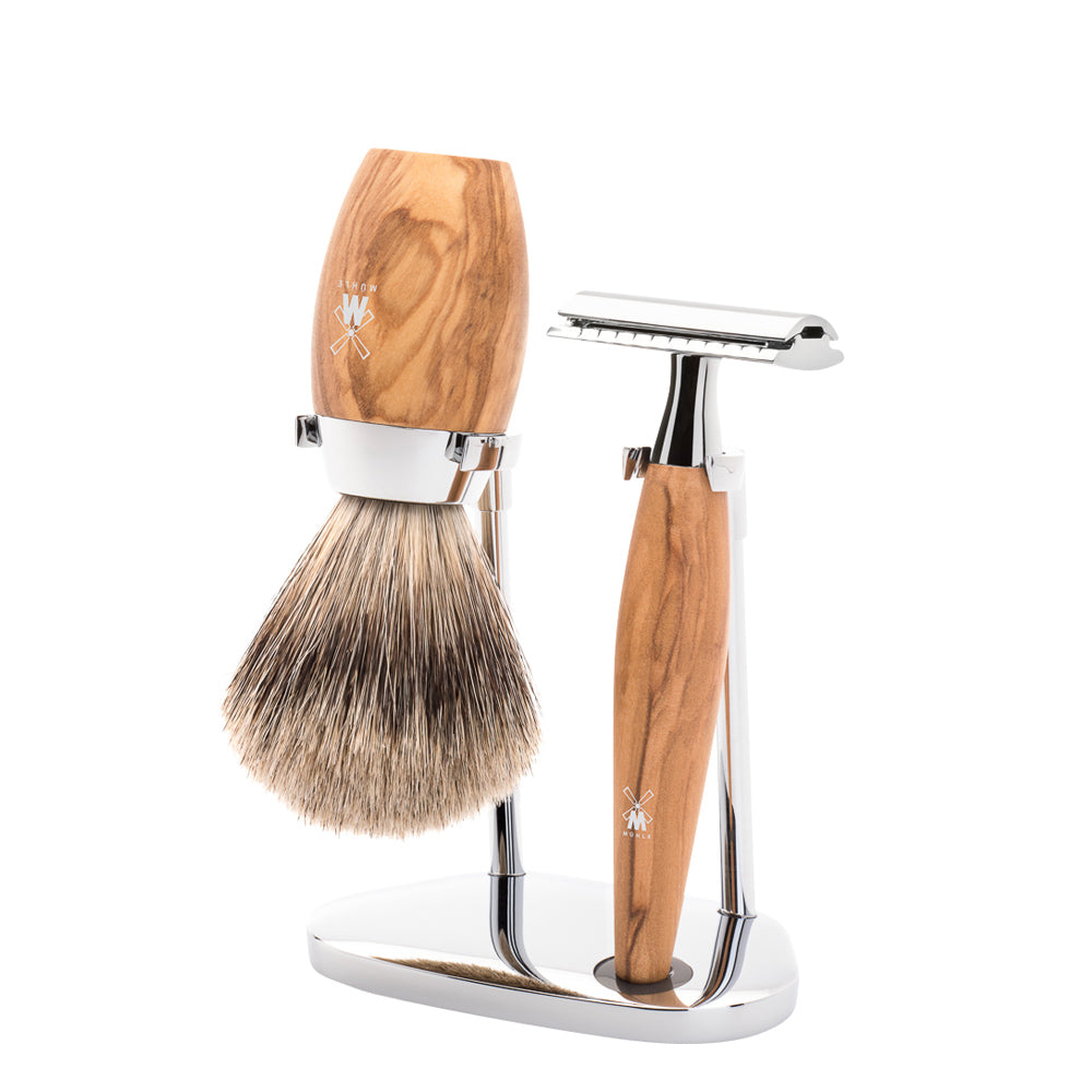 MUHLE KOSMO Olive Wood Fine Badger Brush and Safety Razor Shaving Set