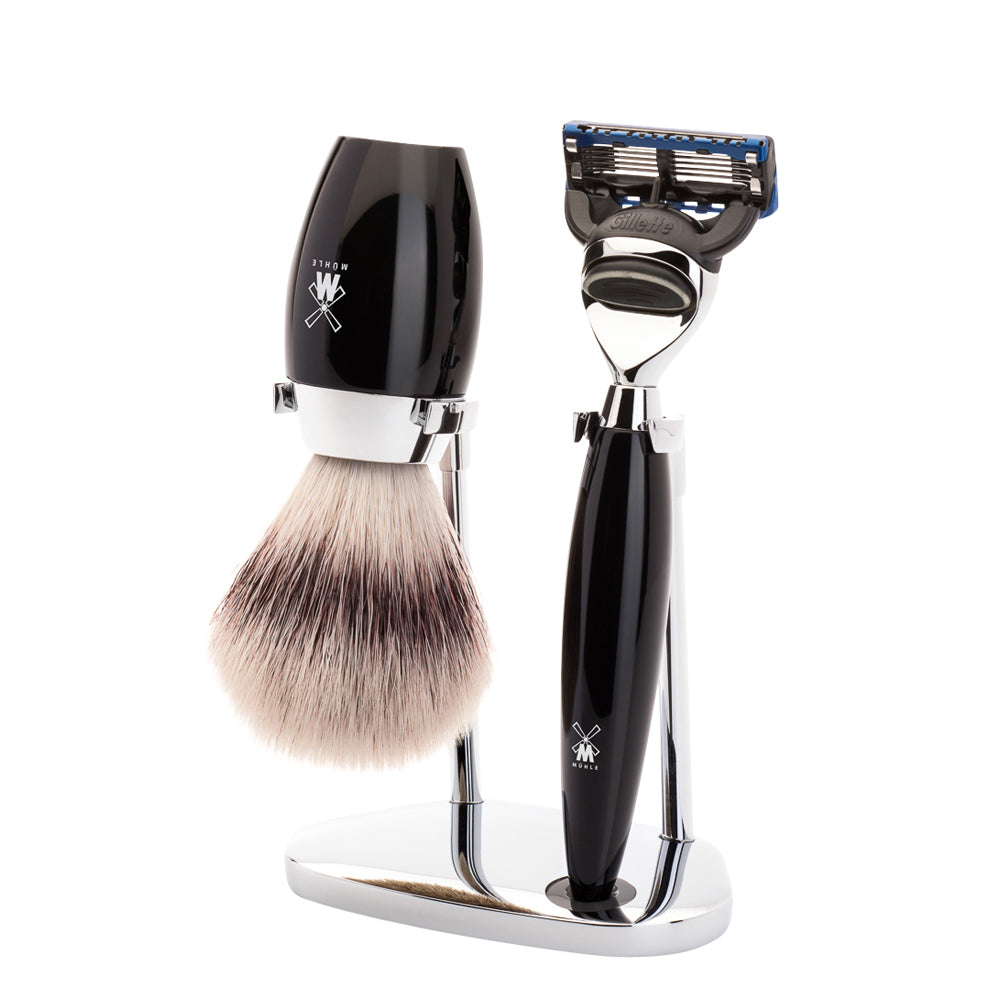 MUHLE KOSMO Silvertip Fibre Brush and Fusion Razor Shaving Set in Black