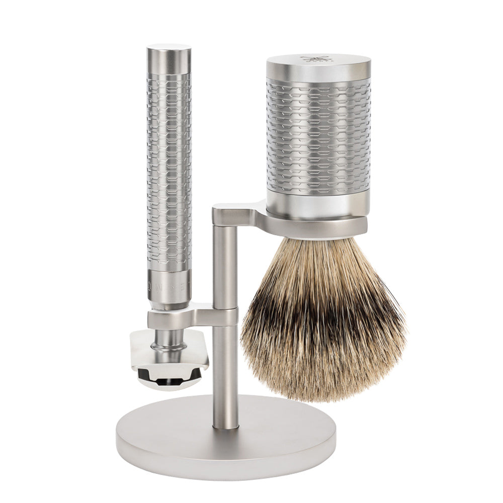 MUHLE ROCCA Matt Stainless Steel Silvertip Badger Brush and Safety Razor Shaving Set