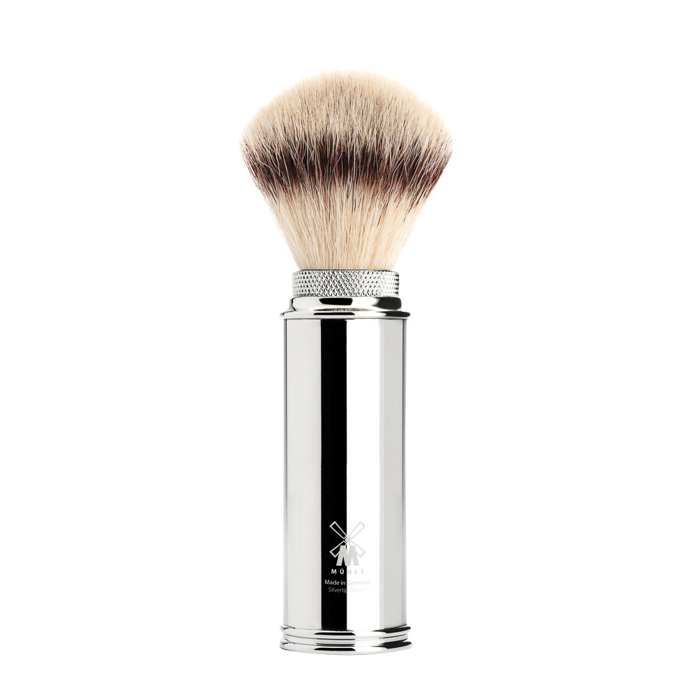 Travel Shaving Brush with Synthetic Fibres in Chrome