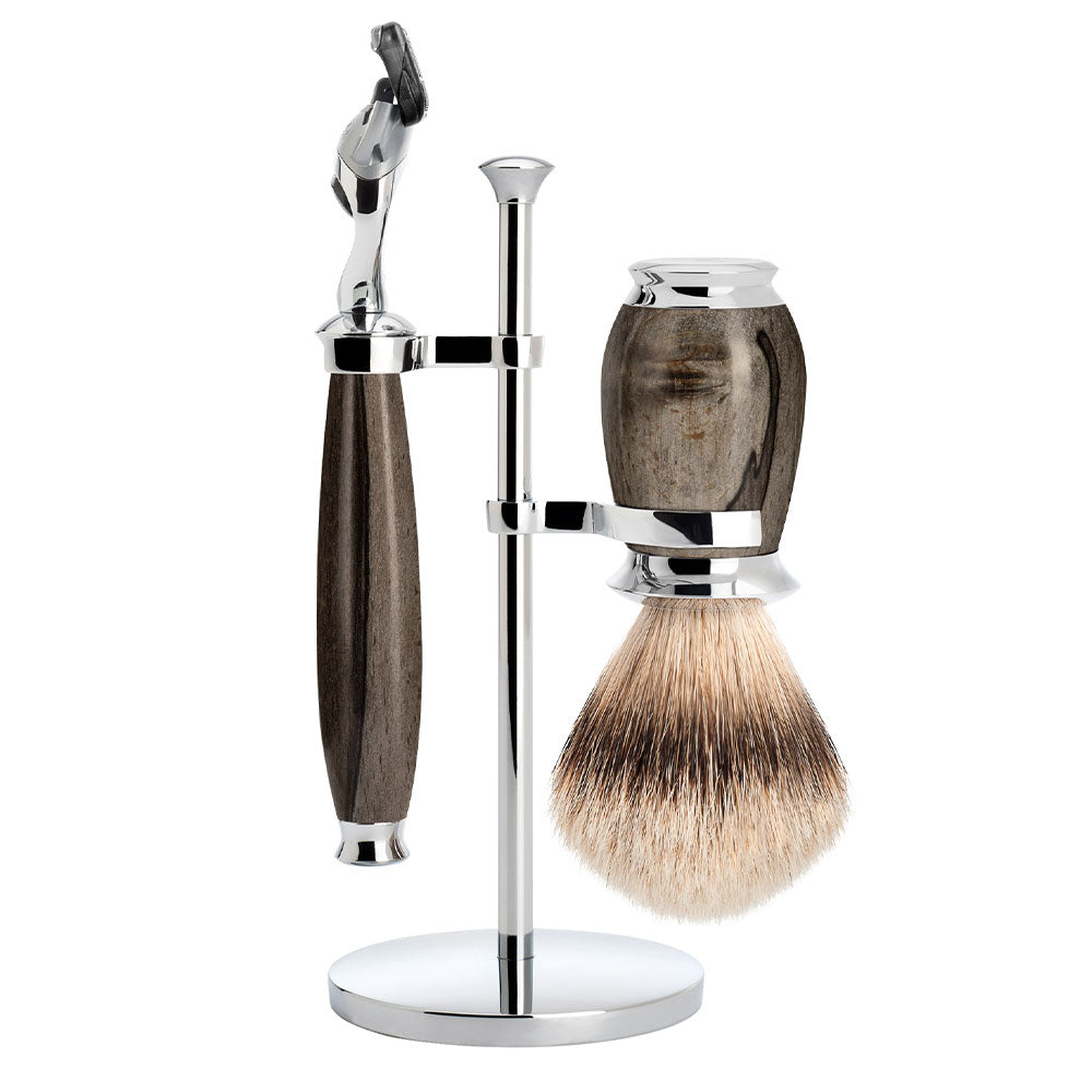MÜHLE PURIST Grained Beech Silvertip Badger Brush and Fusion Razor Shaving Set