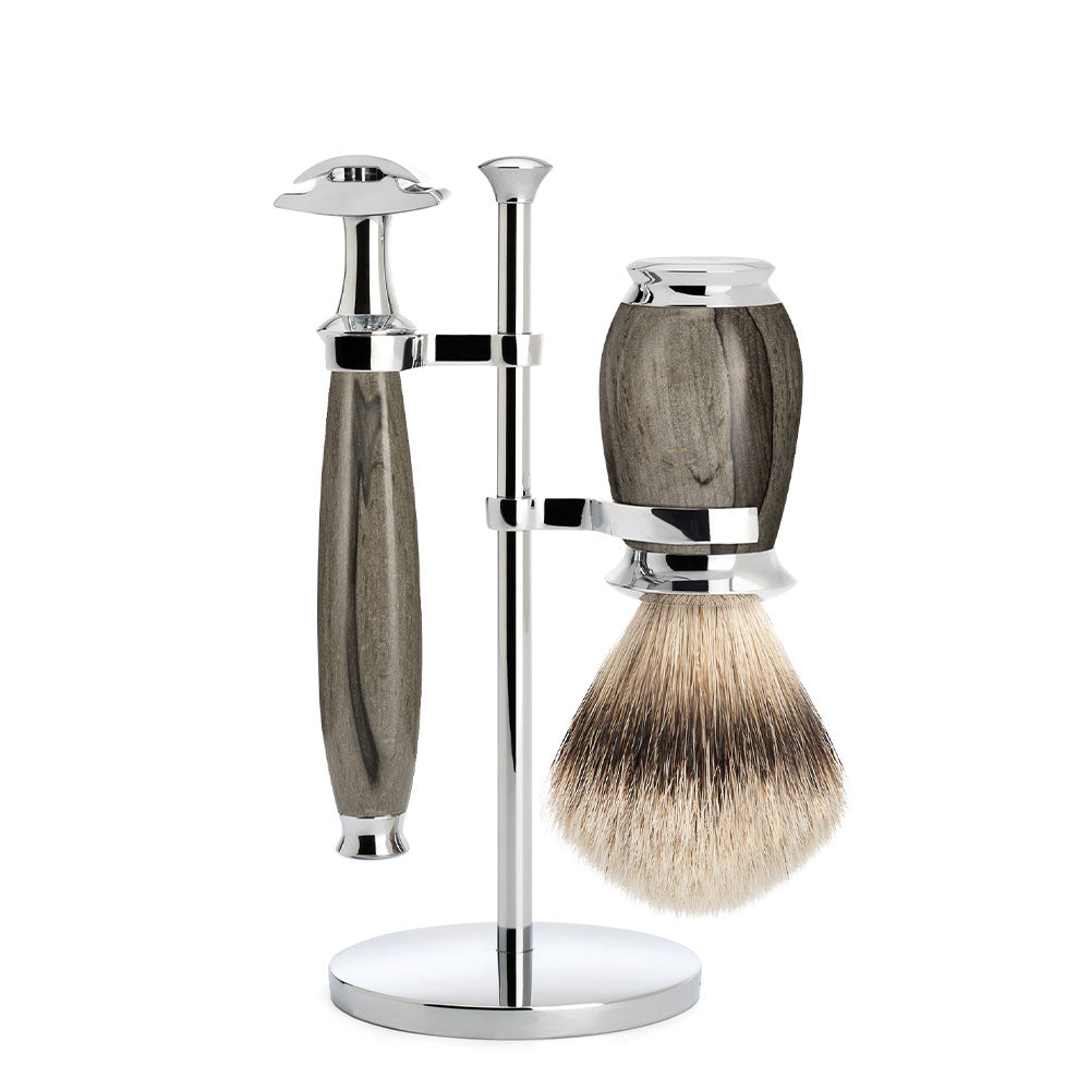 MÜHLE PURIST Grained Beech Silvertip Badger Brush and Safety Razor Shaving Set