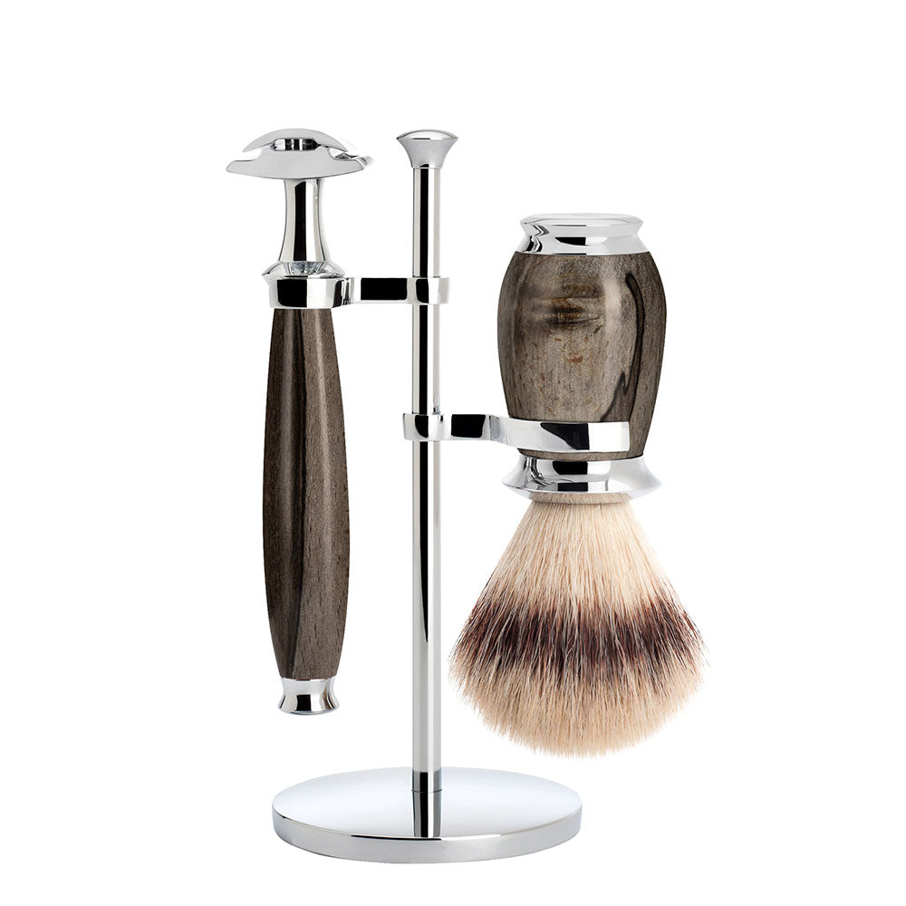 MÜHLE PURIST Grained Beech Silvertip Fibre Brush and Safety Razor Shaving Set