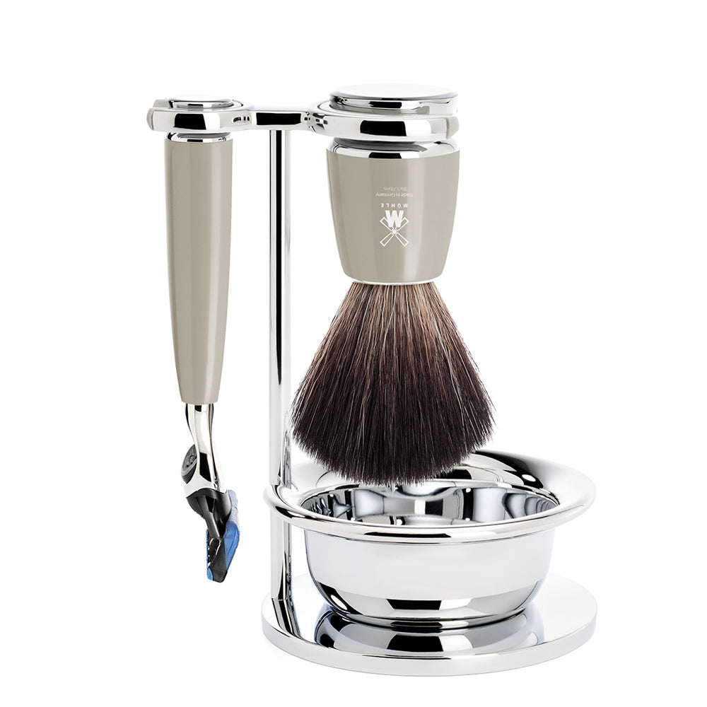 MUHLE RYTMO Black Fibre Brush and Fusion Razor Set in Melange Grey