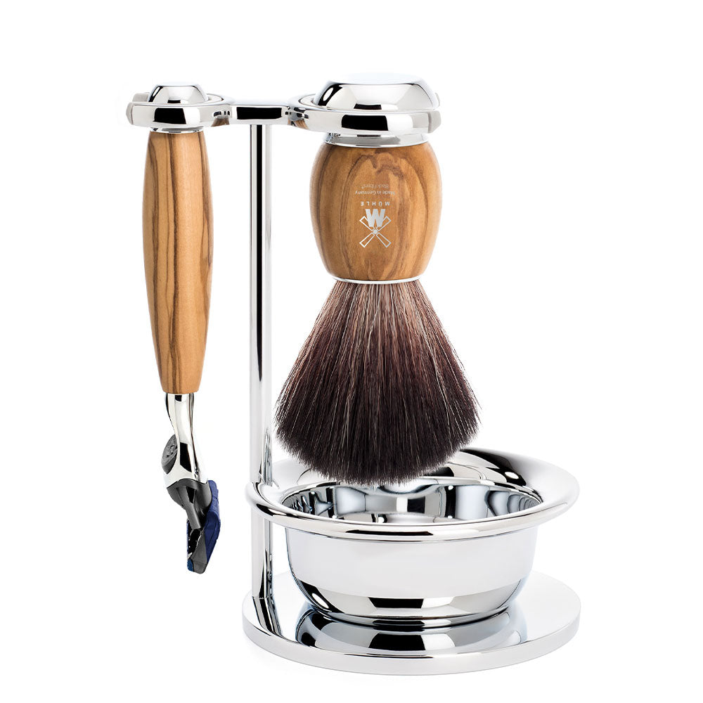 MÜHLE VIVO Olive Wood Black Fibre Brush and Fusion Razor Shaving Set with Bowl