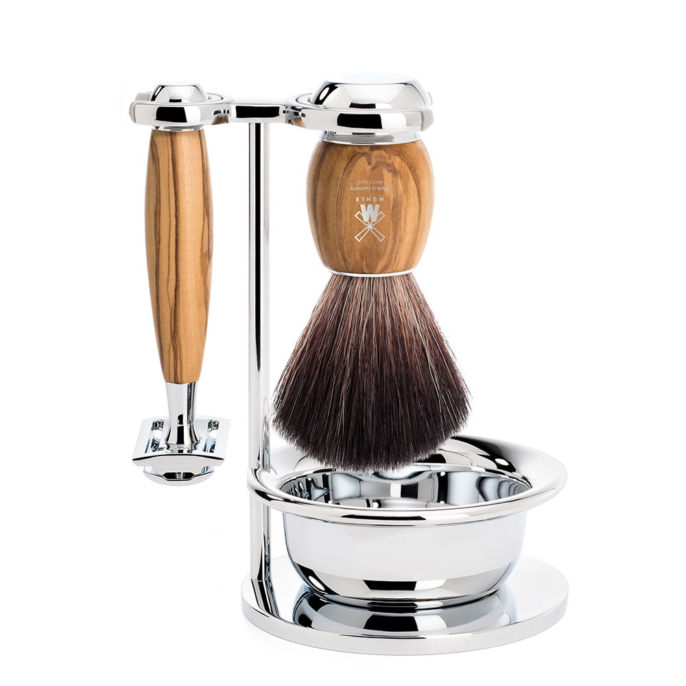 MÜHLE VIVO Olive Wood Black Fibre Brush and Safety Razor Shaving Set with Bowl