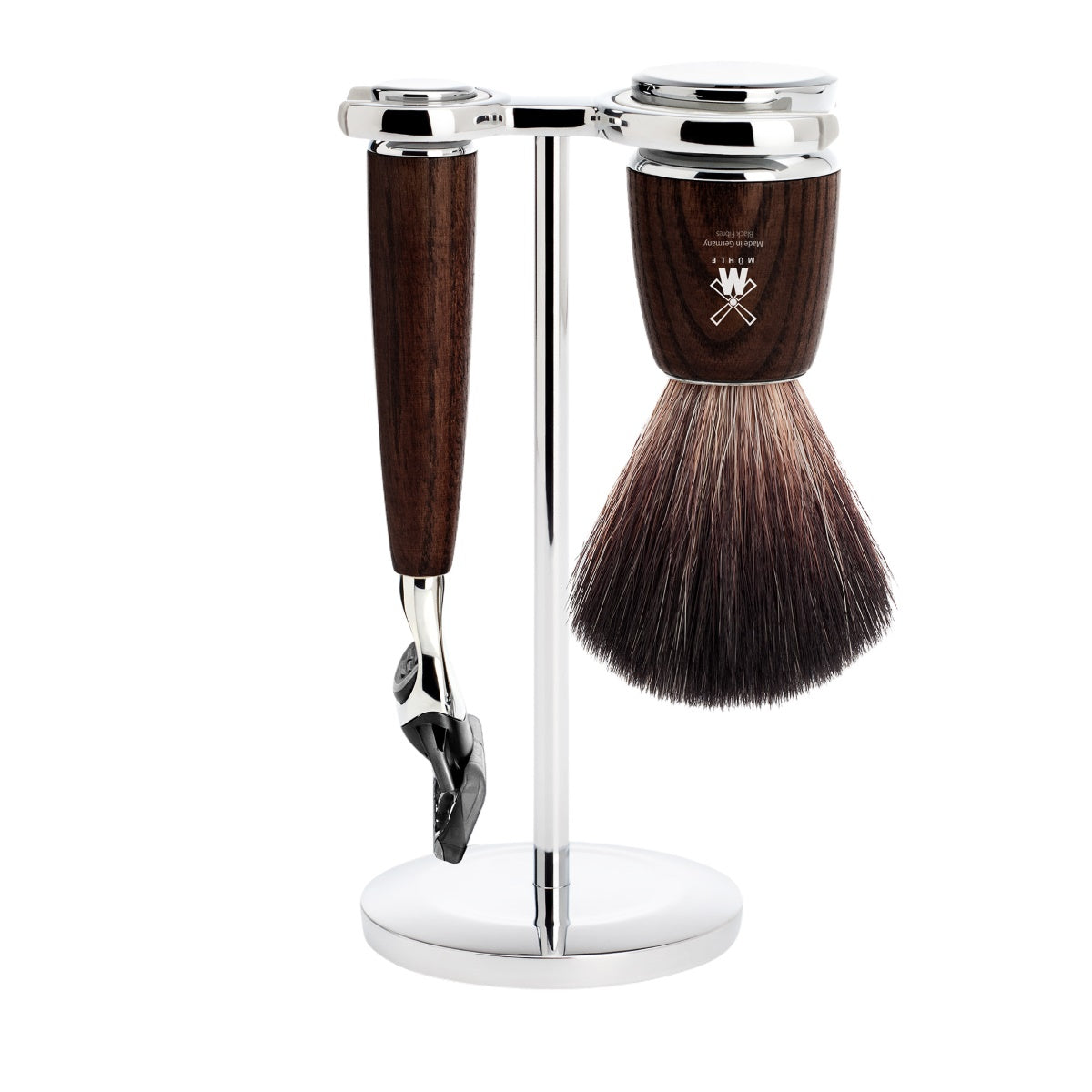 MÜHLE RYTMO Black Fibre Brush and Fusion Razor Shaving Set in Walnut Wood