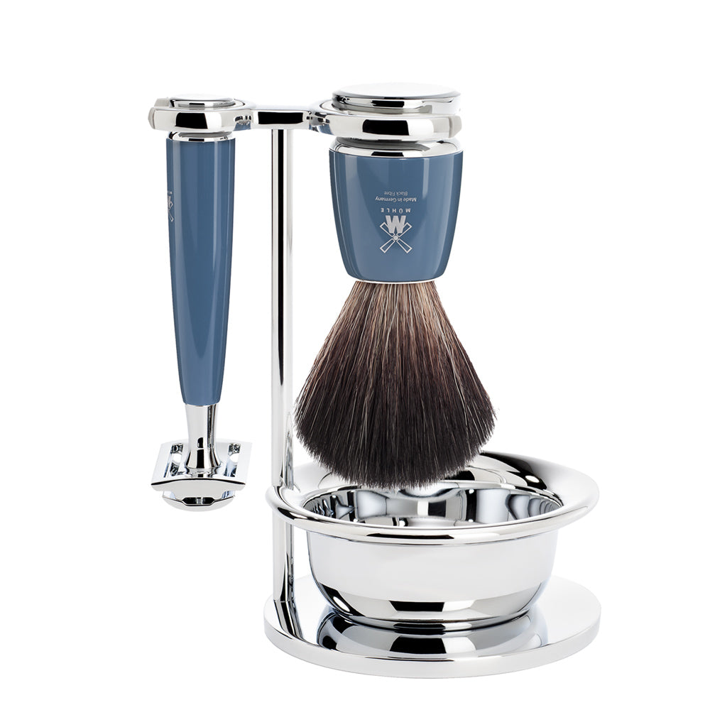 MUHLE RYTMO Black Fibre Brush and Safety Razor Shaving Set in Petrol Blue with Bowl