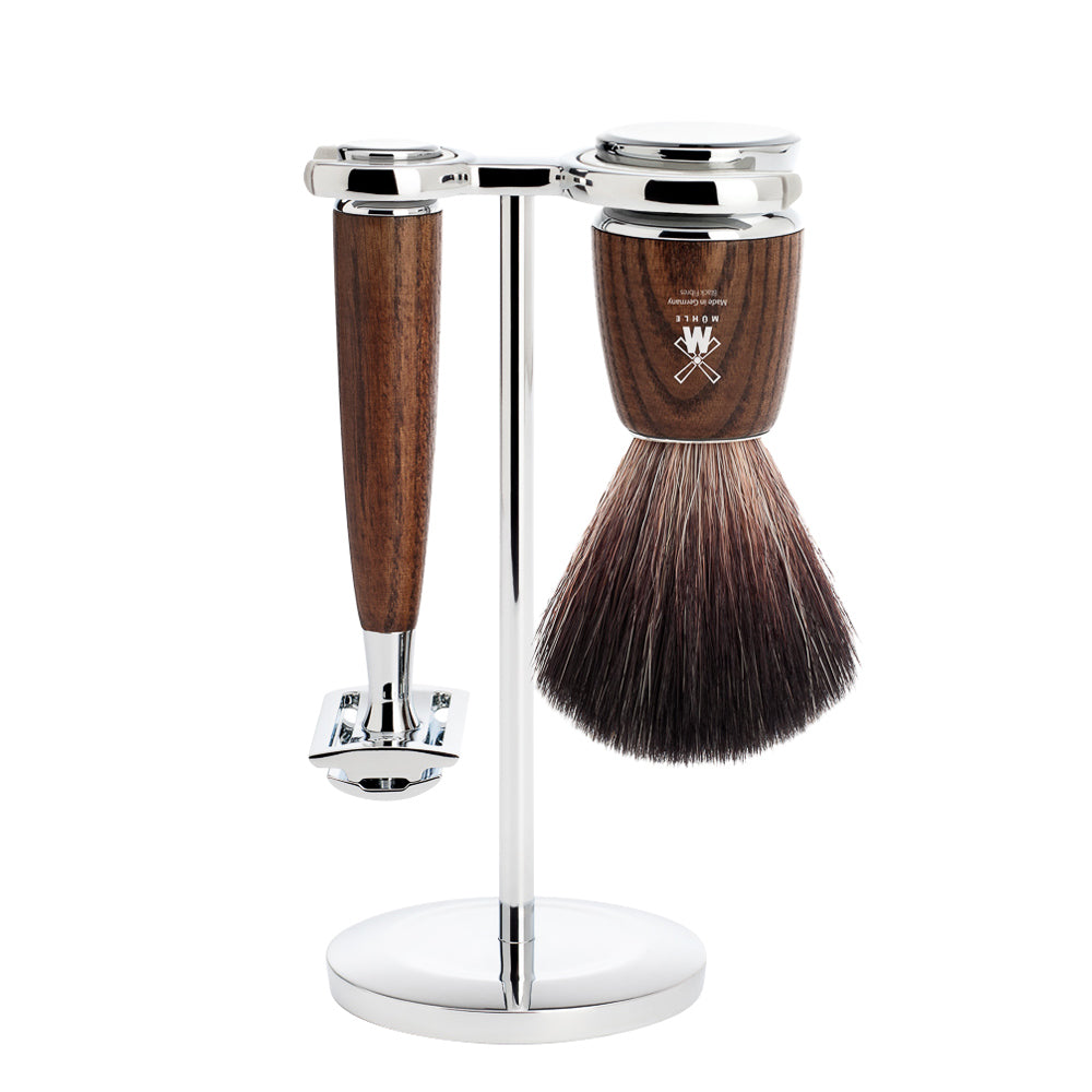 MUHLE RYTMO Steamed Ash Black Fibre Brush and Safety Razor Shaving Set