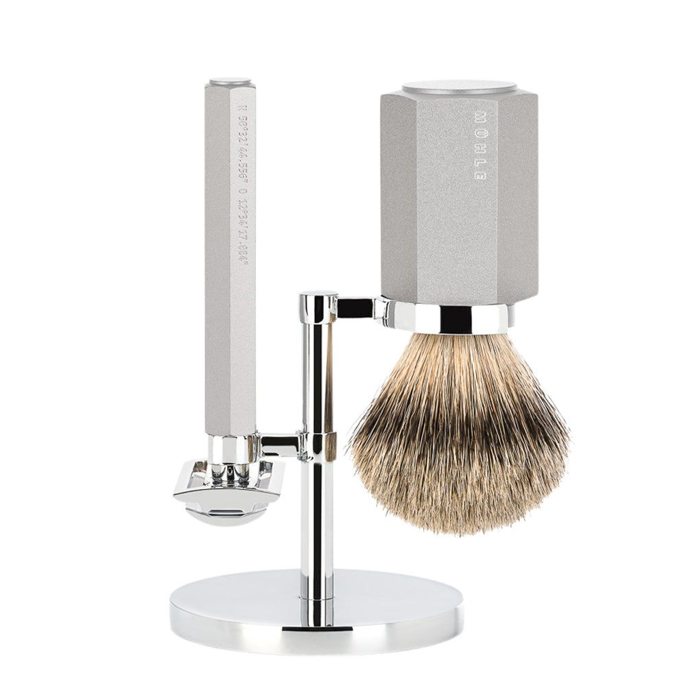 MUHLE HEXAGON Silvertip Badger Brush and Safety Razor Shaving Set in Silver
