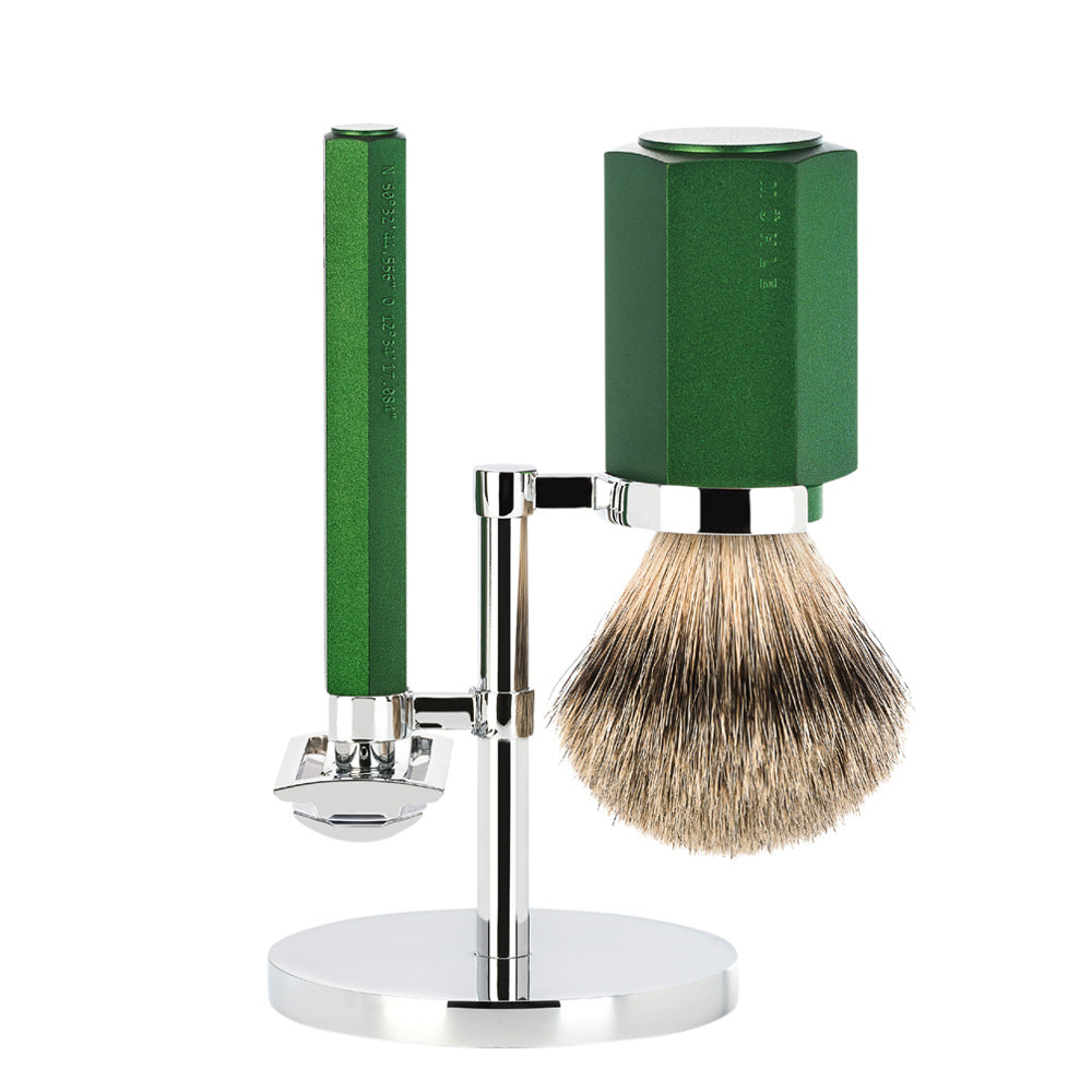 MUHLE HEXAGON Silvertip Badger Brush and Safety Razor Set in Forest Green