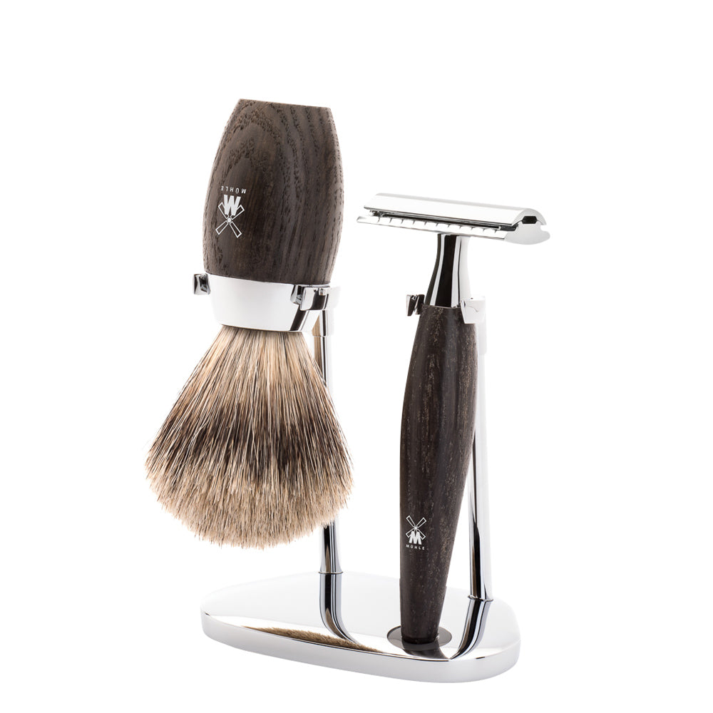 MUHLE KOSMO Olive Wood Fine Badger Brush and Safety Razor Shaving Set