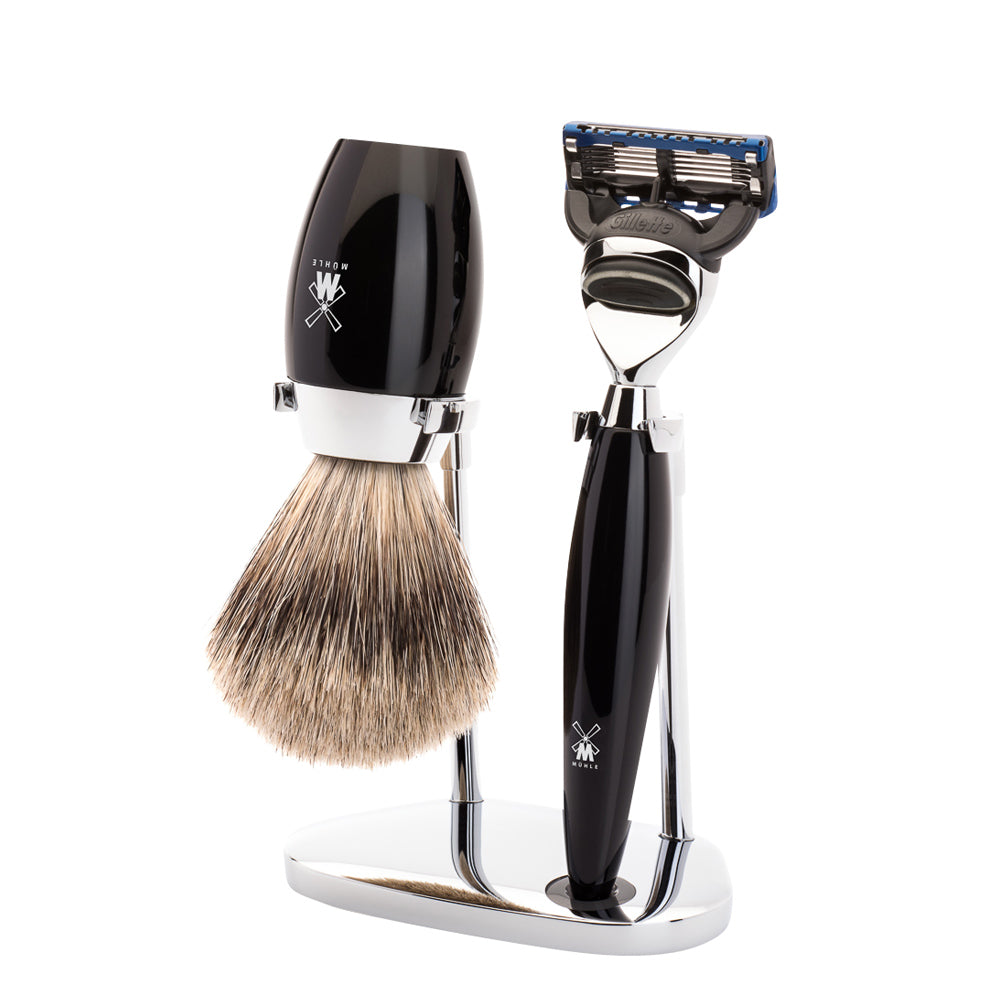 MUHLE KOSMO Fine Badger Brush and Fusion Razor Shaving Set in Black