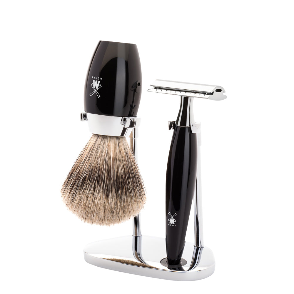 MUHLE KOSMO Fine Badger Brush and Safety Razor Shaving Set in Black