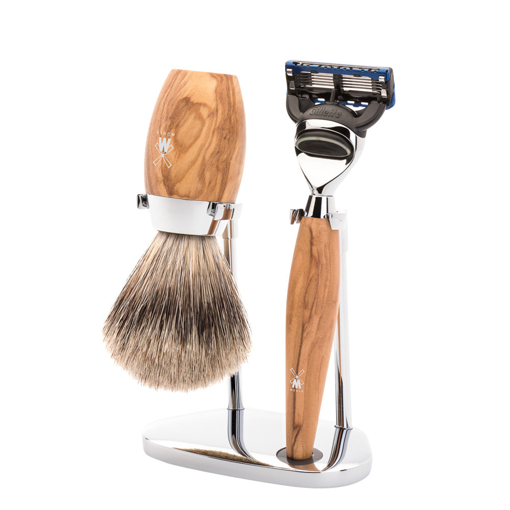 MUHLE KOSMO Olive Wood Fine Badger Brush and Fusion Razor Shaving Set