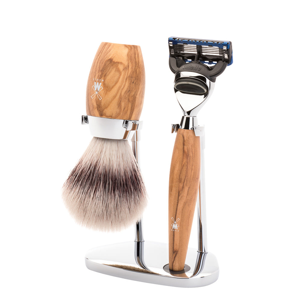 MUHLE KOSMO Olive Wood Silvertip Fibre Brush and Fusion Razor Shaving Set