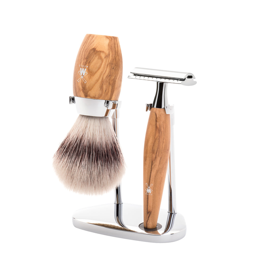 MUHLE KOSMO Olive Wood Synthetic Brush and Safety Razor Shaving Set
