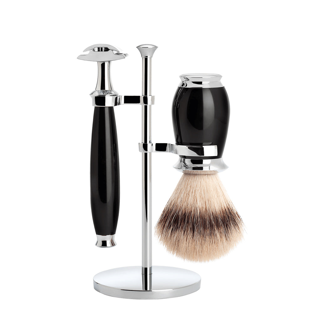 MUHLE PURIST Black Silvertip Fibre Brush and Safety Razor Shaving Set
