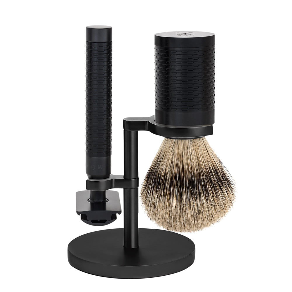 MUHLE ROCCA Jet Black Stainless Steel Silvertip Badger Brush and Safety Razor Shaving Set