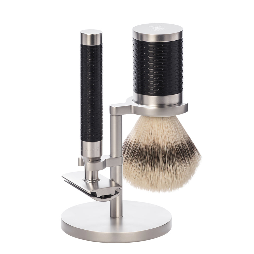 Safe Razor Set MUHLE ROCCA Black Steel 3-Piece Silvertip Fibre Safety Razor Set