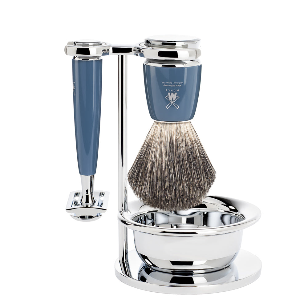 MUHLE RYTMO Badger Brush and Safety Razor Set in Petrol Blue with Bowl