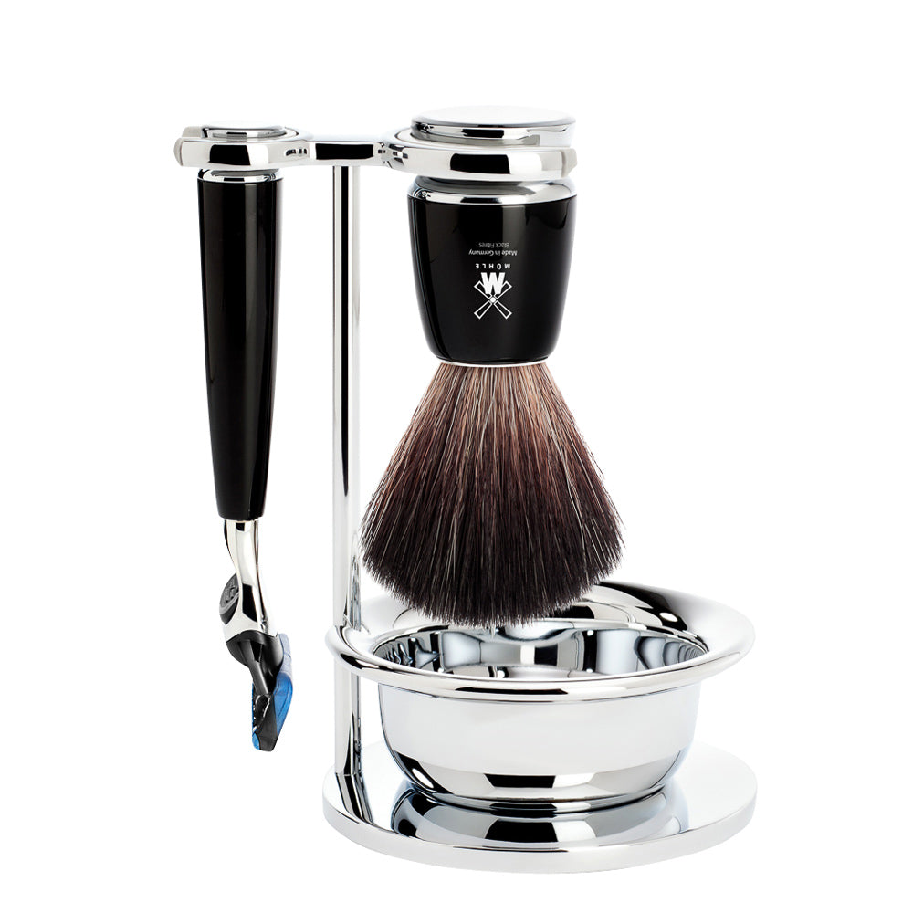 MUHLE RYTMO Black Fibre Brush and Fusion Razor Set in Black with Bowl