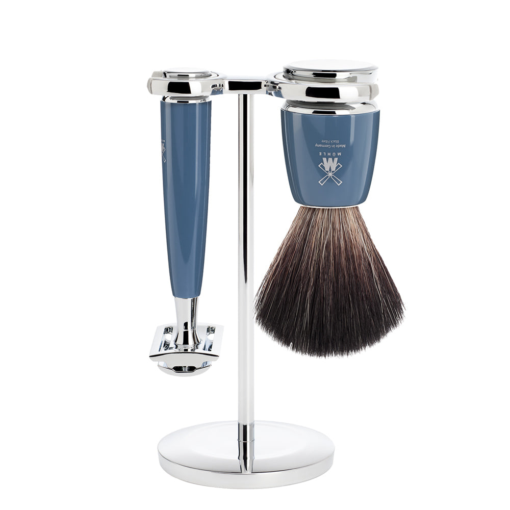 MUHLE RYTMO Black Fibre Brush and Safety Razor Shaving Set in Petrol Blue