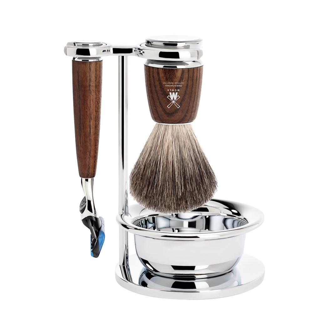 MUHLE RYTMO Steamed Ash Pure Badger Brush and Fusion Razor Shaving Set with Bowl