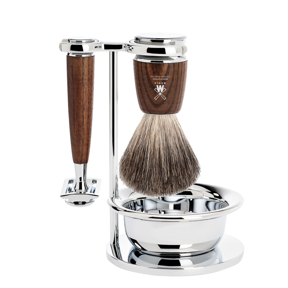 MUHLE RYTMO Steamed Ash Badger Brush and Safety Razor Set with Bowl