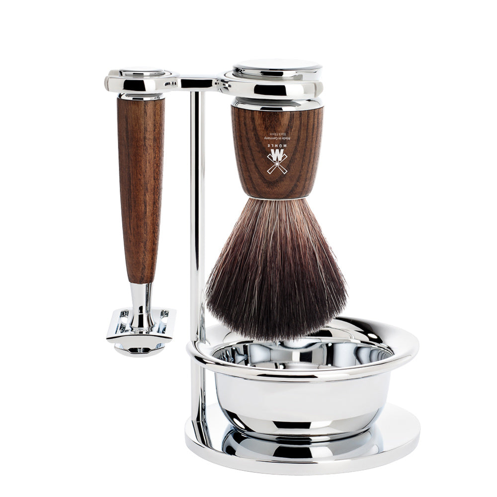 MUHLE RYTMO Steamed Ash Vegan Shaving Brush and Safety Razor Set with Bowl