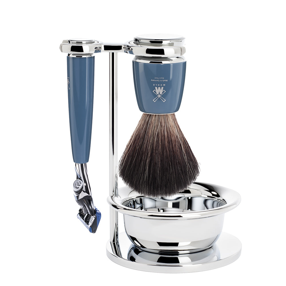 MUHLE RYTMO Vegan Brush and Fusion Razor Set in Petrol Blue with Bowl