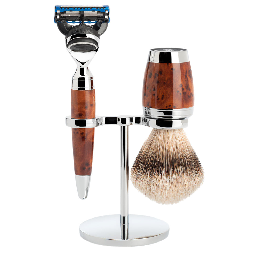 MUHLE STYLO Thuja Wood Silvertip Badger Brush and Fusion Razor Shaving Set