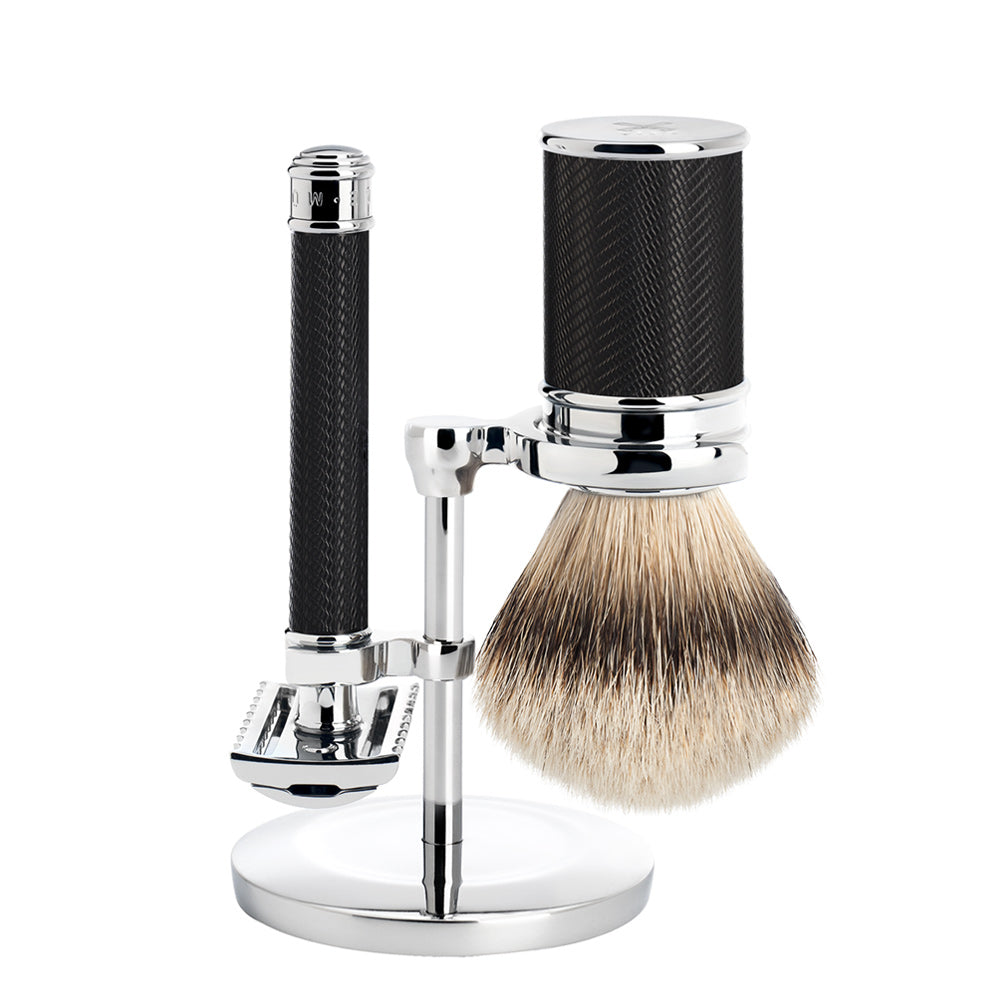MUHLE TRADITIONAL Badger Brush and Open Comb Safety Razor Set in Black Chrome
