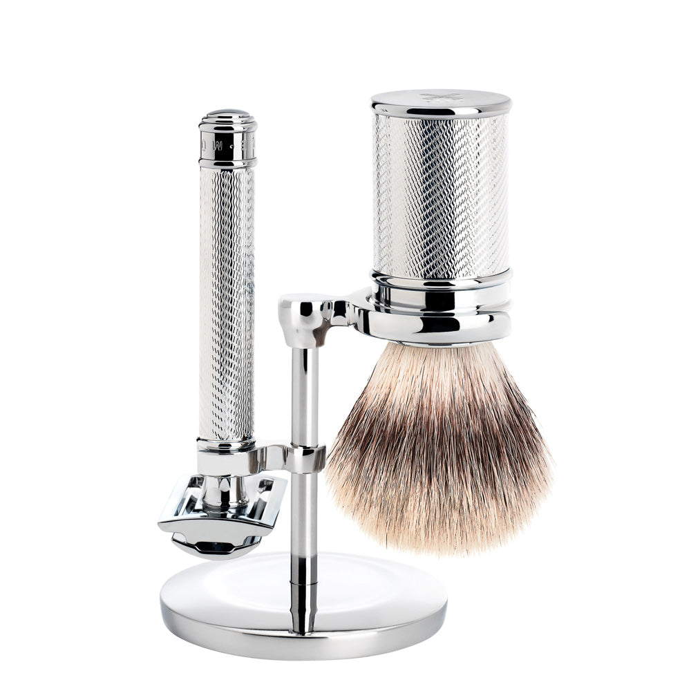 MUHLE TRADITIONAL Chrome Silvertip Fibre Brush and Safety Razor Shaving Set