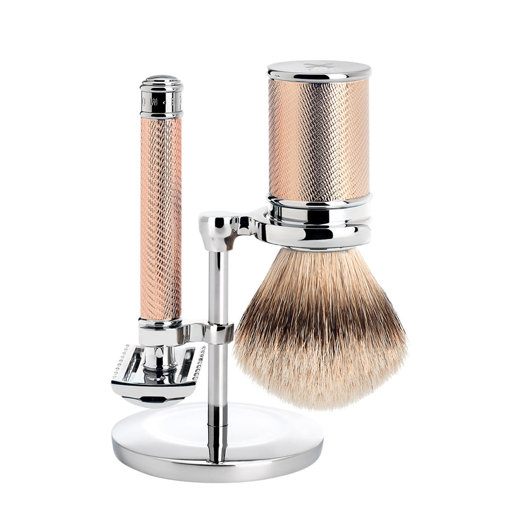 MUHLE TRADITIONAL Rose Gold Badger Brush and Open Comb Safety Razor Set