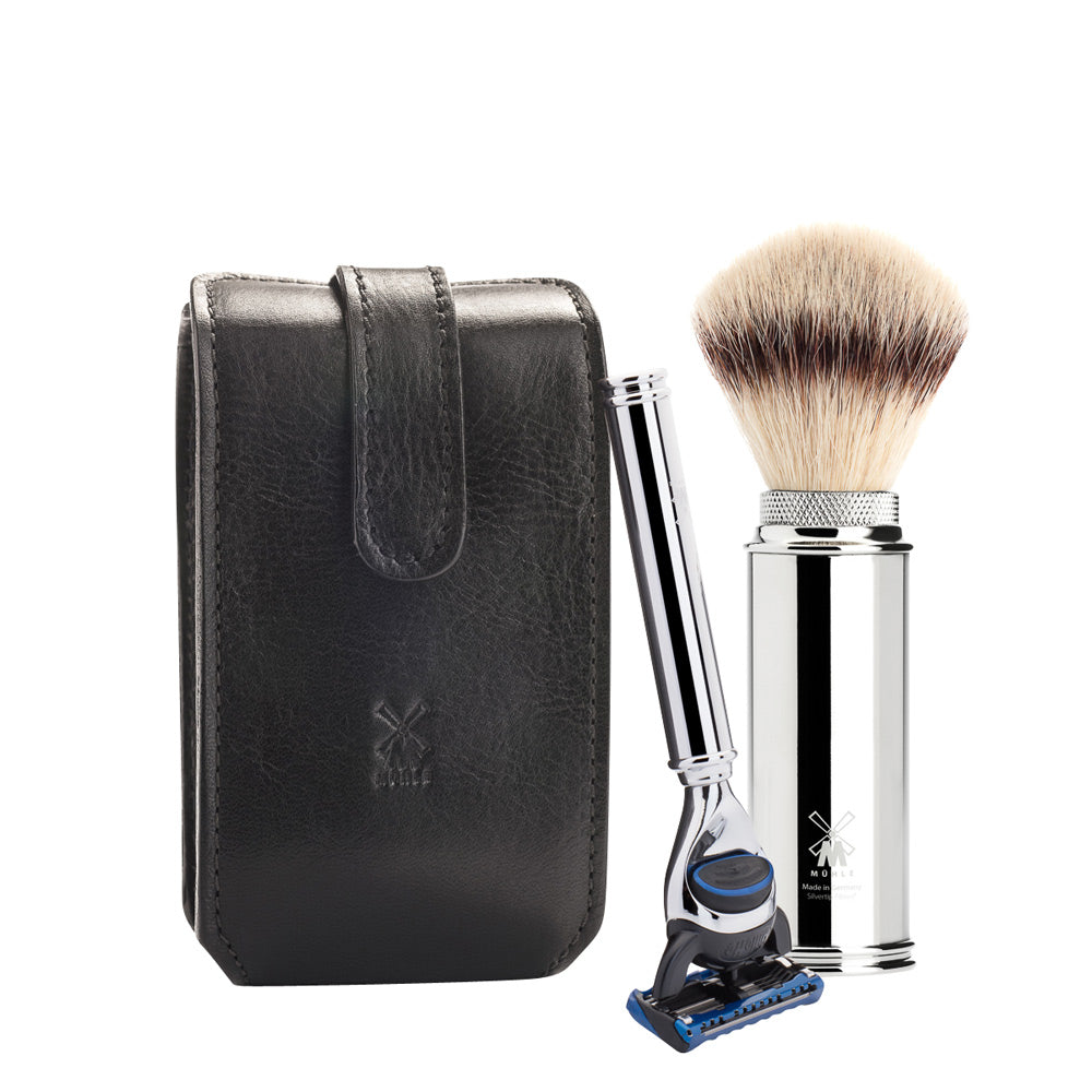 MUHLE TRAVEL Florentine Black Case with Synthetic Brush & Fusion Razor