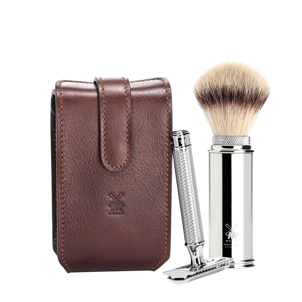 MUHLE TRAVEL Brown Leather Case for Shaving Brush and Safety Razor