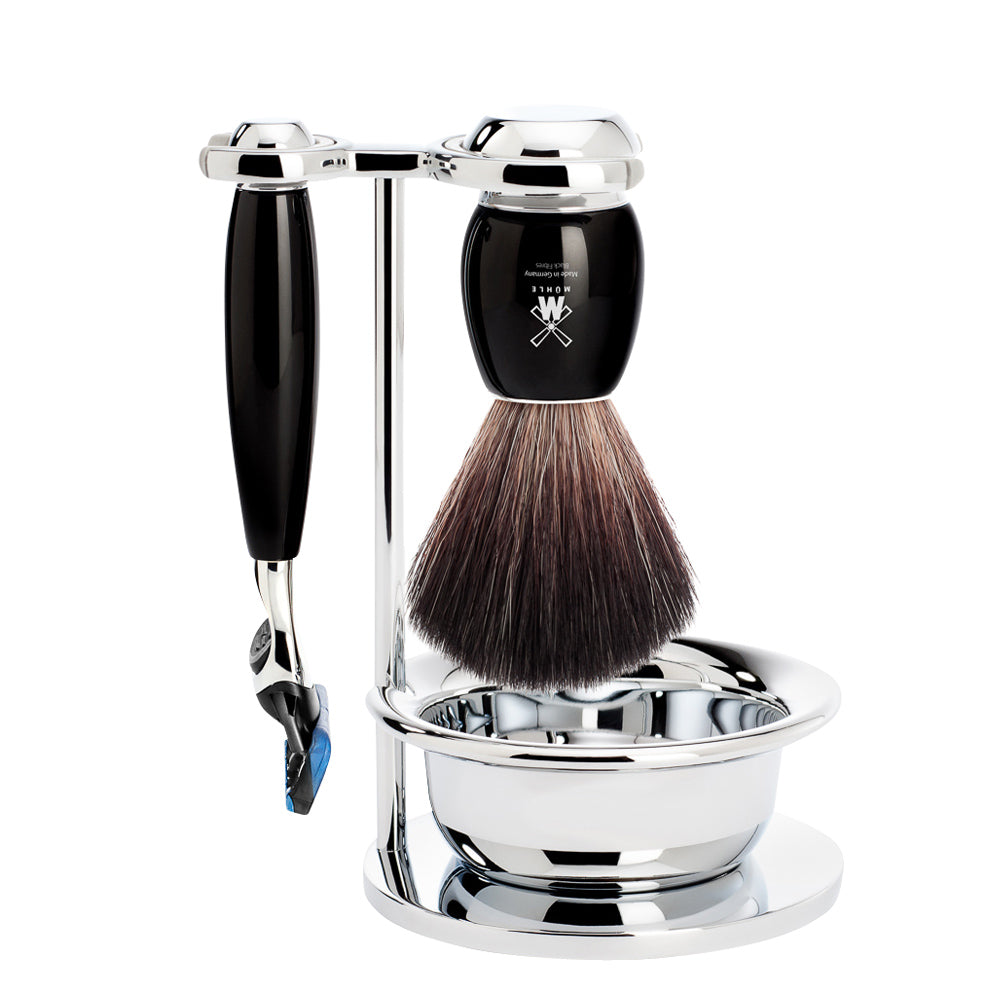 MÜHLE VIVO Black Fibre Brush and Fusion Razor Shaving Set in Black with Bowl