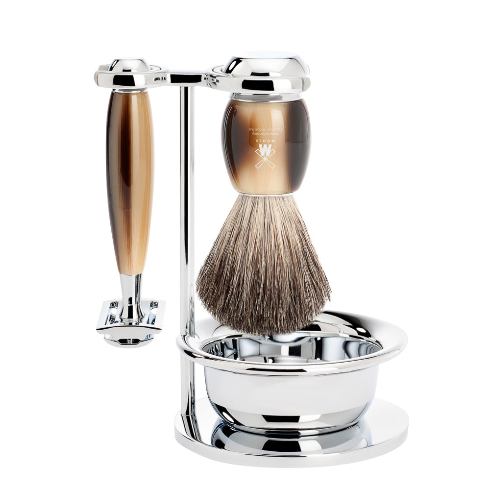 MUHLE VIVO Brown Horn Pure Badger Brush and Safety Razor Set with Bowl