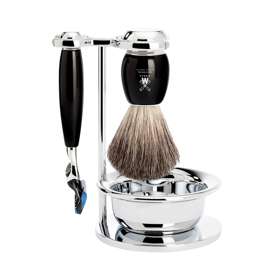 MUHLE VIVO Pure Badger Shaving Brush and Fusion Razor Set in Black with Bowl