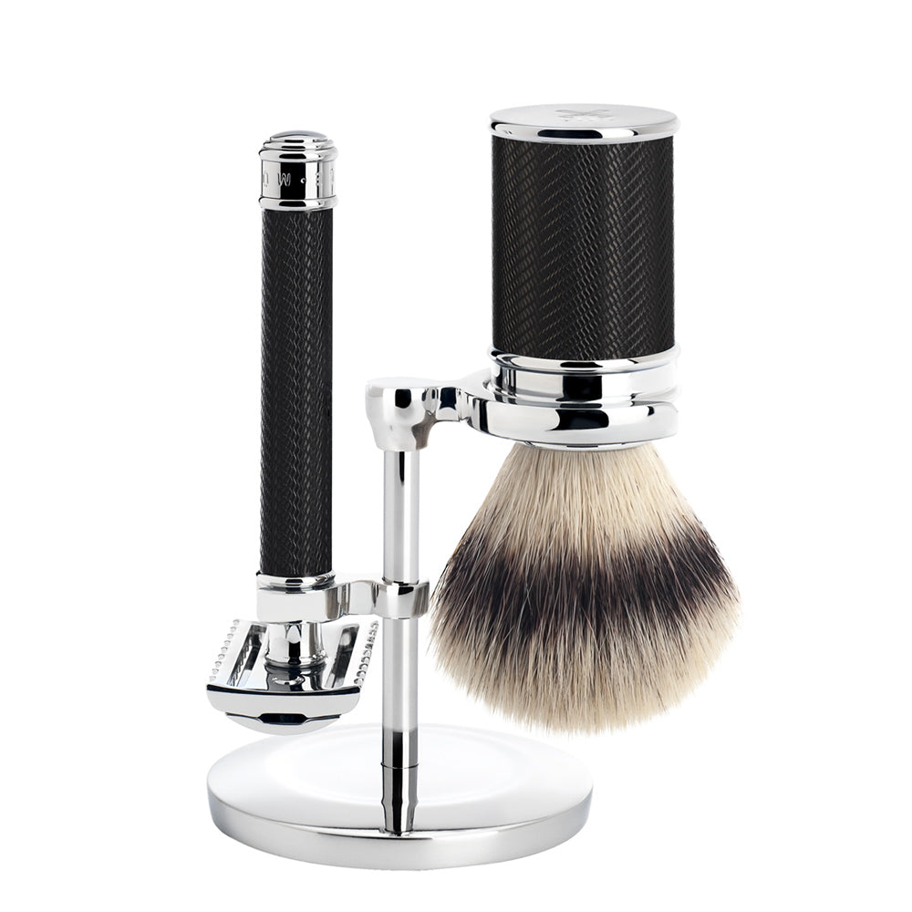 MUHLE TRADITIONAL Vegan Brush and Open Comb Safety Razor Set in Black Chrome